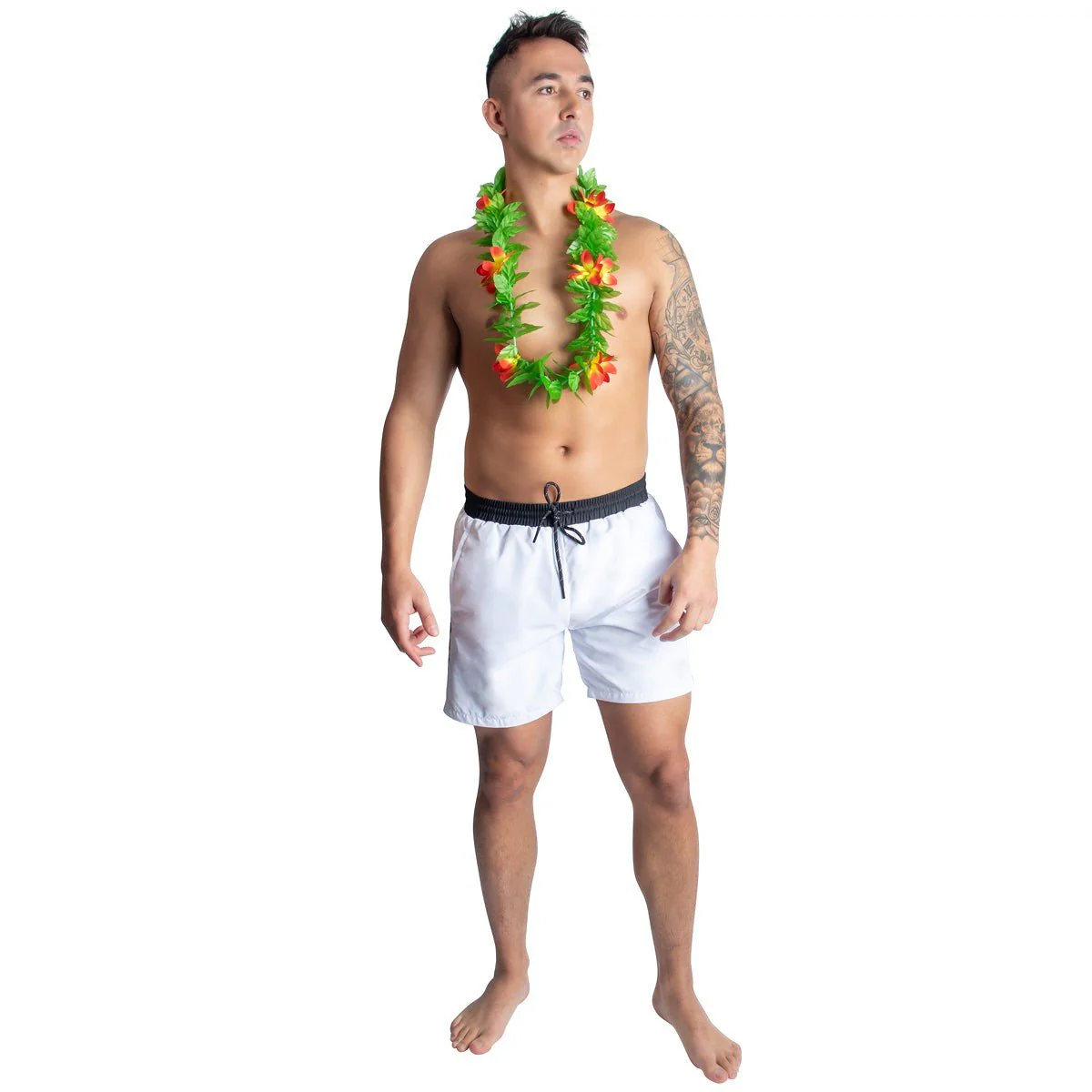 Honolulu Flower Lei Necklace with Leaves, Red and Yellow - Image 3