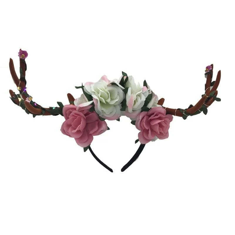 Headband with brown antlers and flowers for adults
