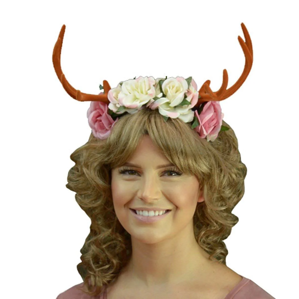Headband with brown antlers and flowers for adults - Image 2