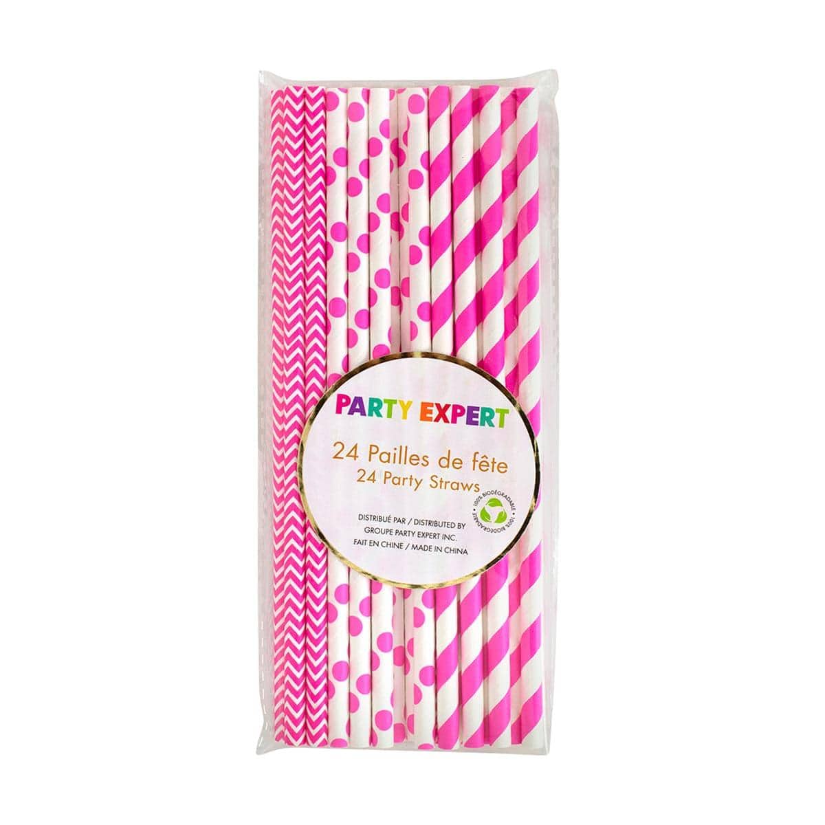 Hot Pink And White Paper Straws, 24 Count
