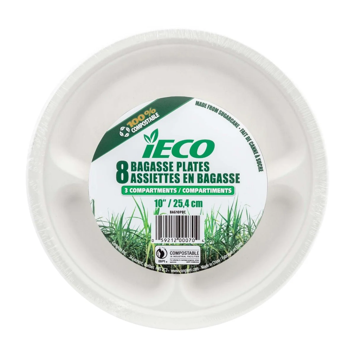 iECO Large Round Bagasse Plates with 3 Compartment, 10 Inches, 8 Count