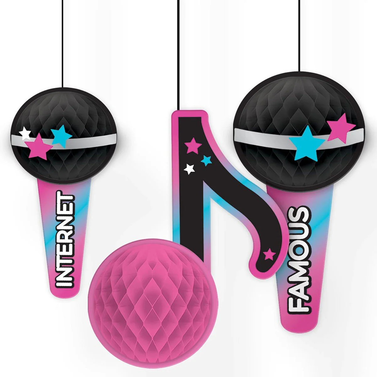 Internet Famous Hanging Decorations, Microphone and Music Note, Pink and Blue, 3 Count