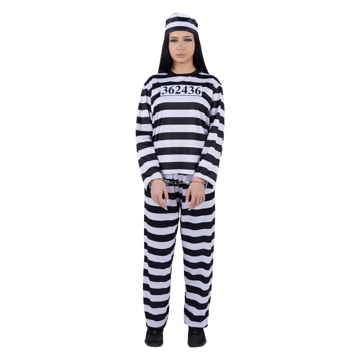 Jailbird Plus Size Costume for Adults, Black and White Striped Pants and Top - Image 3