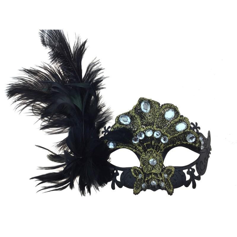 Black & gold laced venetian mask with feathers