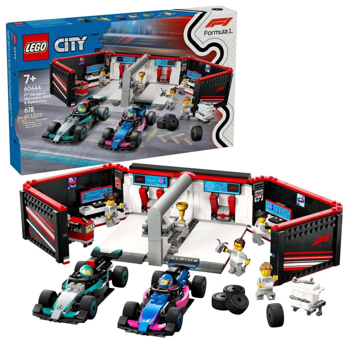 LEGO City F1 Garage & Mercedes-AMG & Alpine Cars, 60444, Ages 7+, 678 Pieces