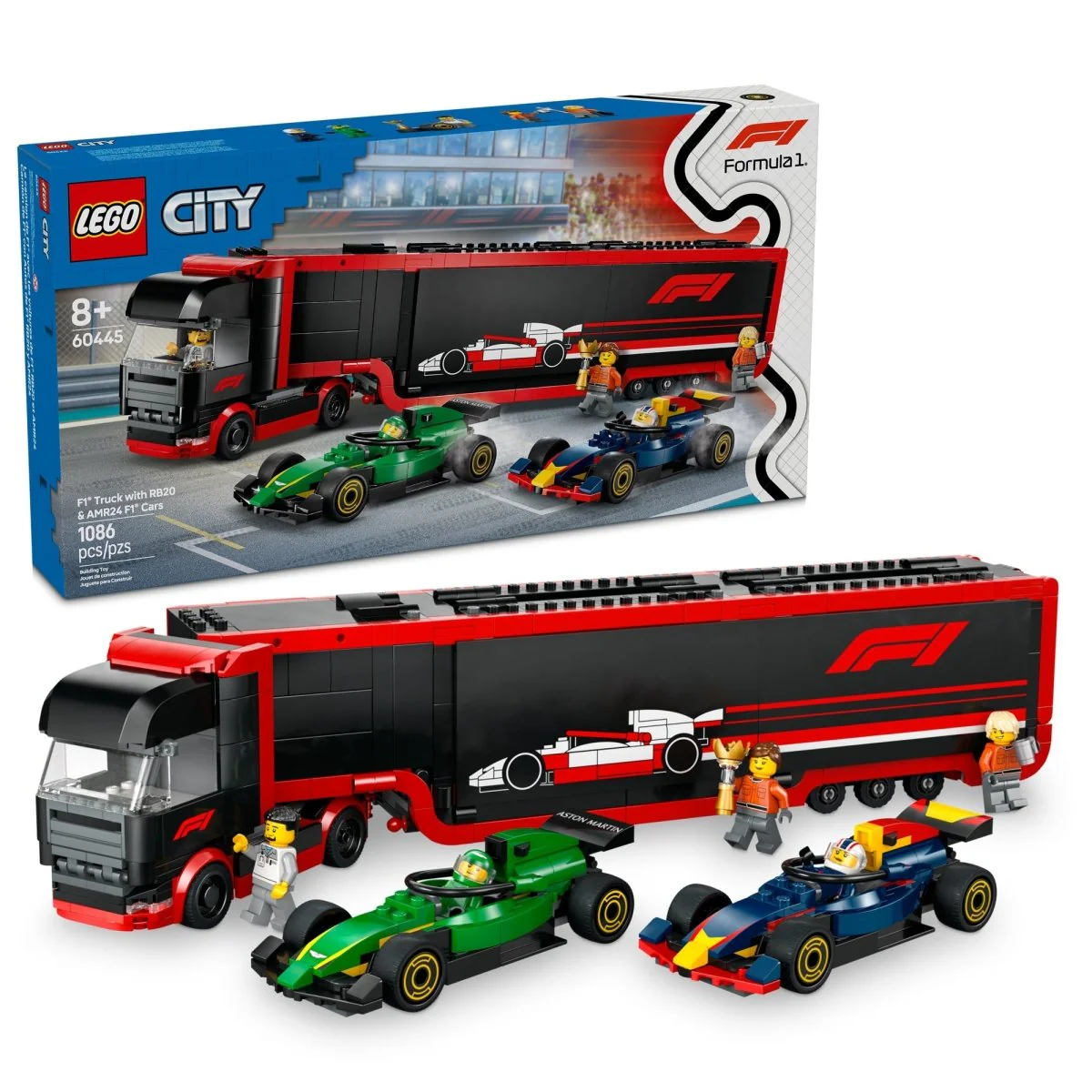 LEGO City F1 Truck with RB20 & AMR24 F1 Cars, 60445, Ages 8+, 1086 Pieces