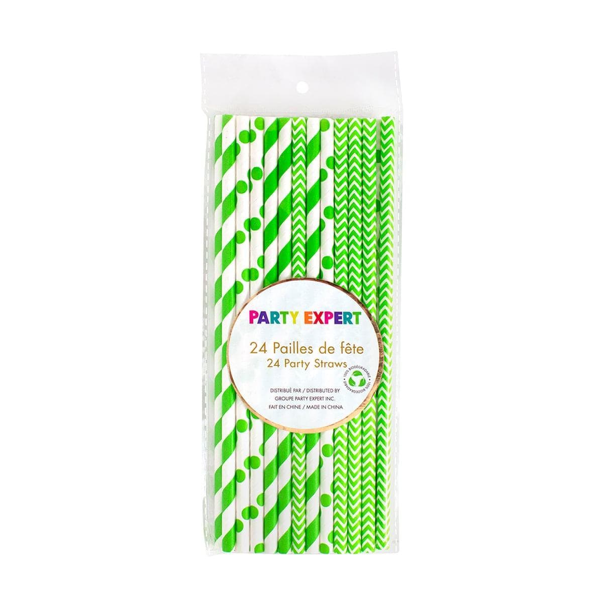 Lime Green And White Paper Straws, 24 Count
