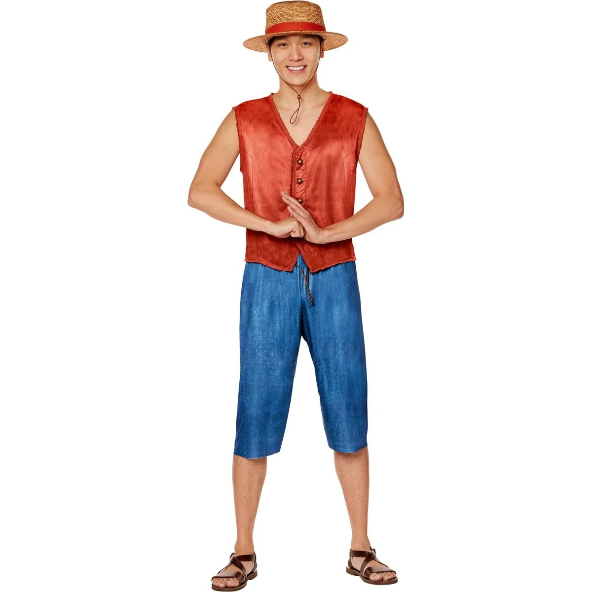 One Piece Luffy Costume for Adults, Red Vest and Blue Shorts