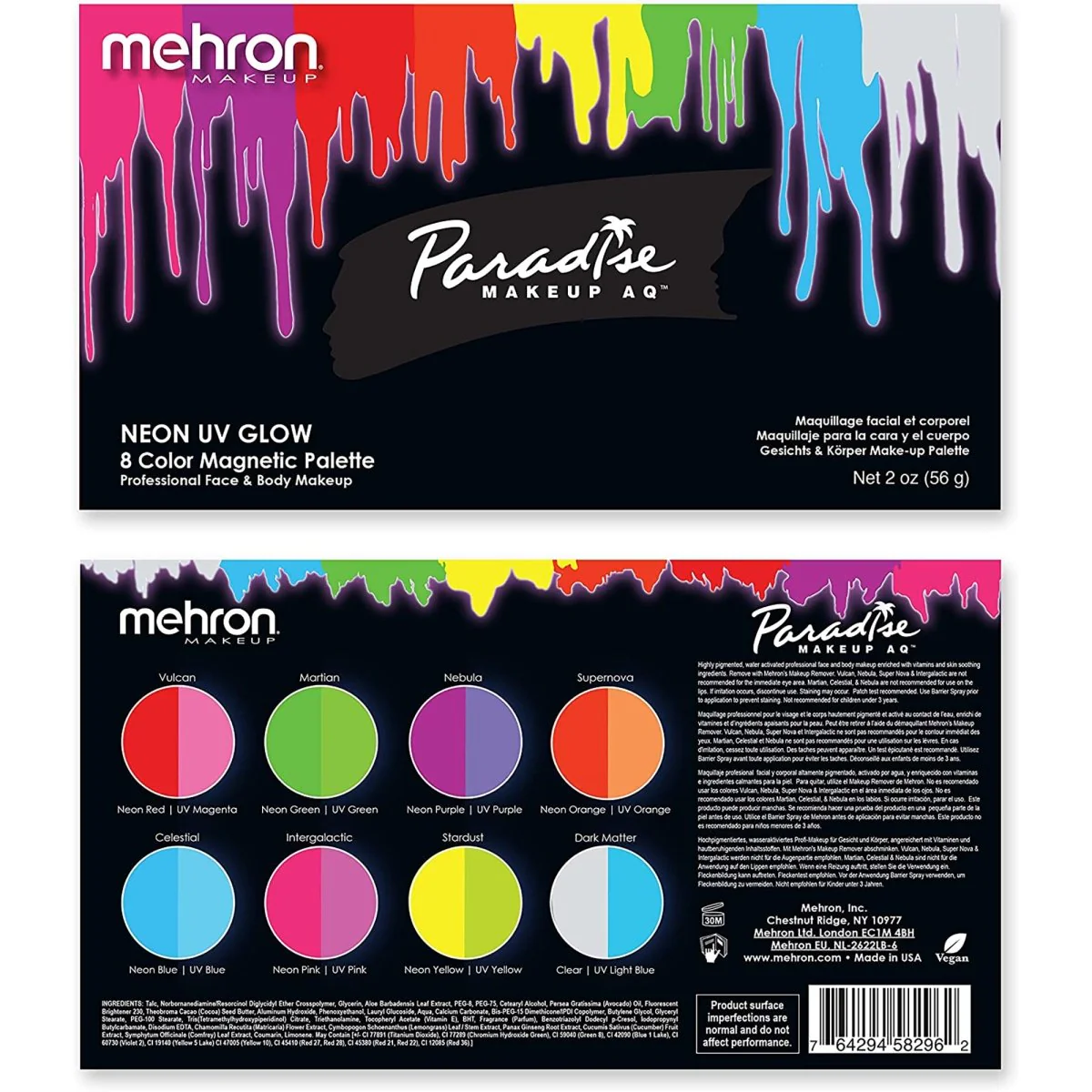 Mehron Paradise Makeup AQ Palette, 8 Neon UV Glow Colours, 1 Count - Image 2