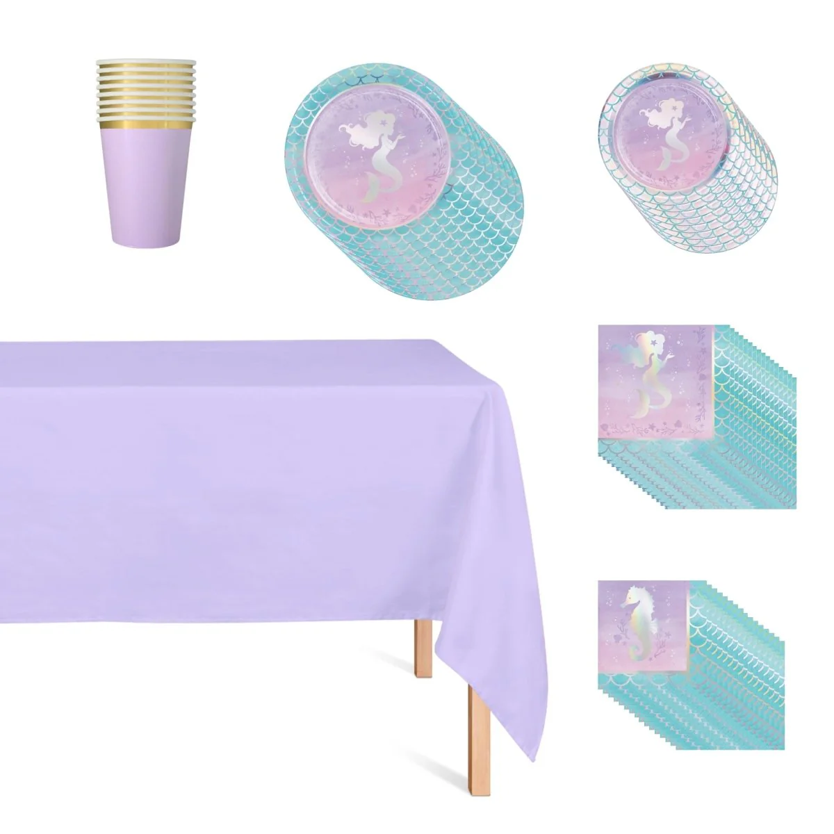 Mermaid Shine Basic Tableware Birthday Party Supplies Kit, 8 Guests