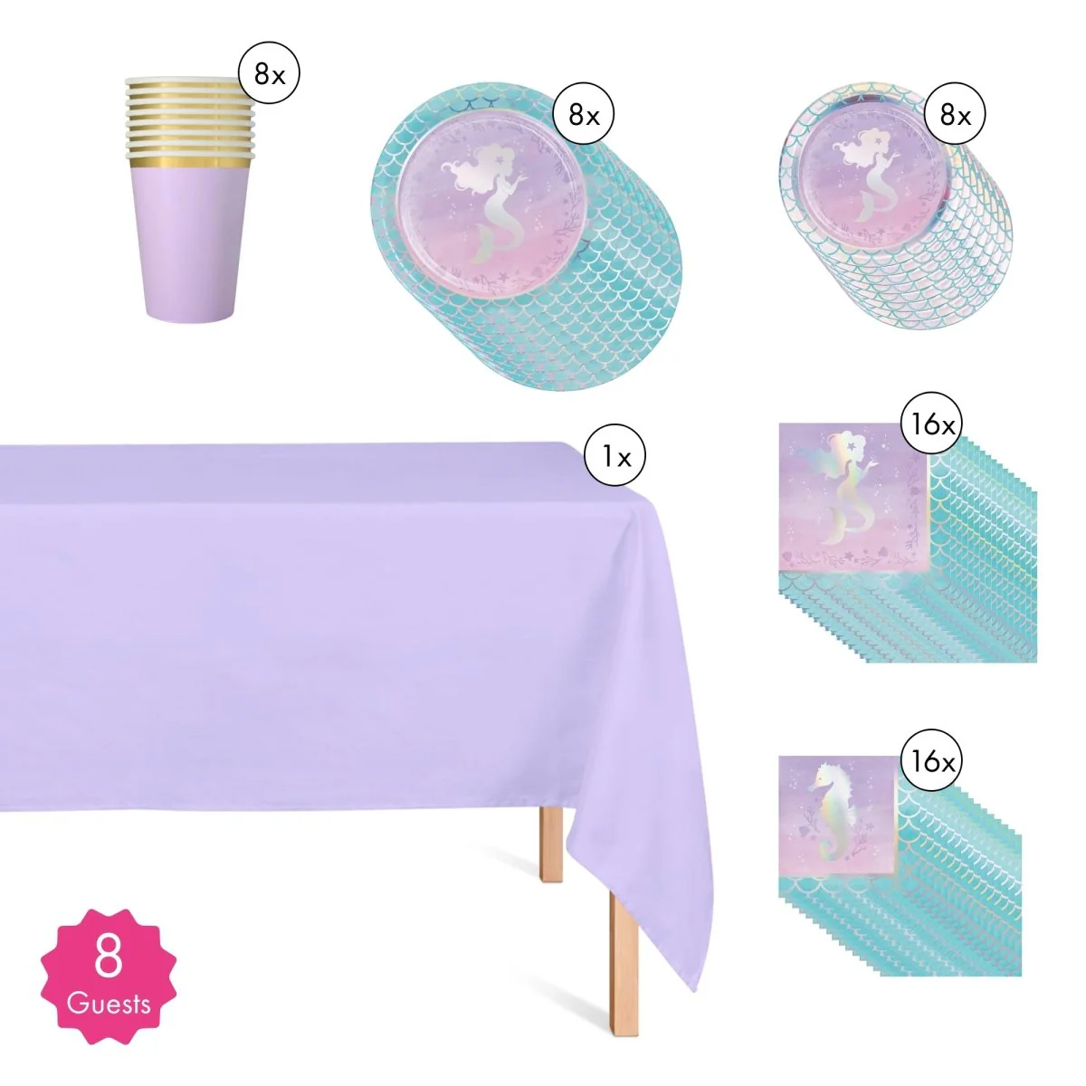Mermaid Shine Basic Tableware Birthday Party Supplies Kit, 8 Guests - Image 2