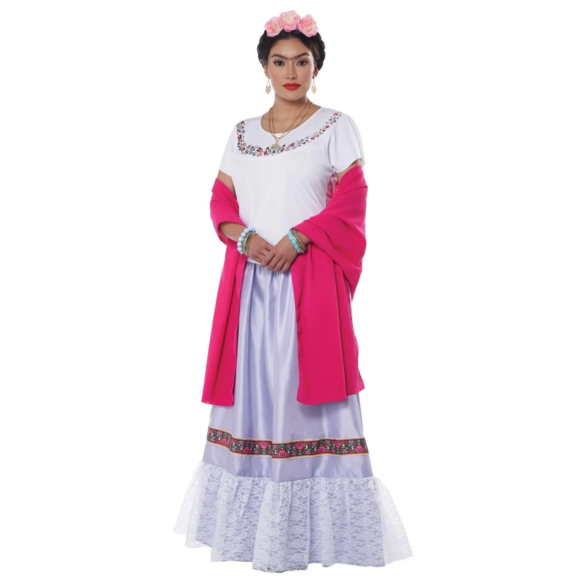 Frida Kahlo Costume for Adults, White Blouse and Purple Skirt