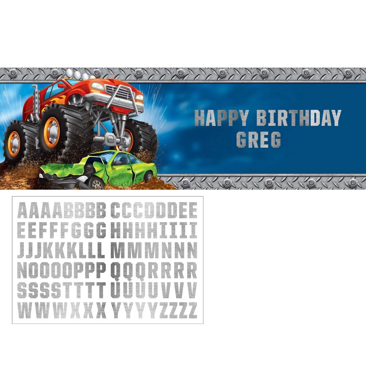 Monster Truck Rally Birthday Giant Customizable Banner with Stickers, 1 Count