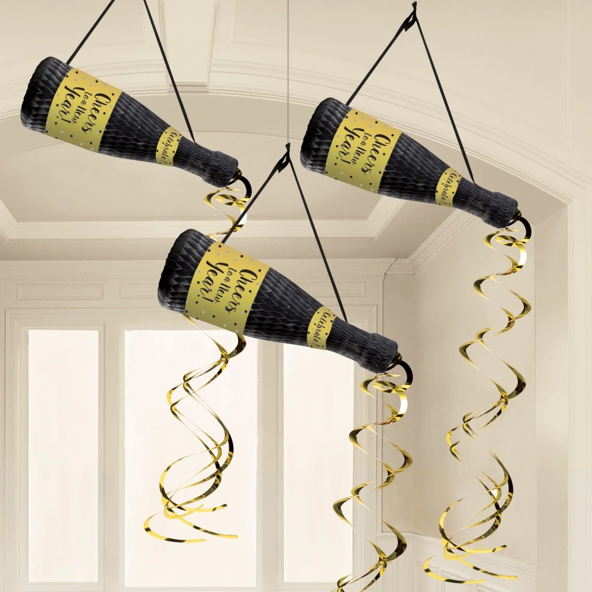 New Year Champagne Bottle Hanging Decorations, 3 Count - Image 2