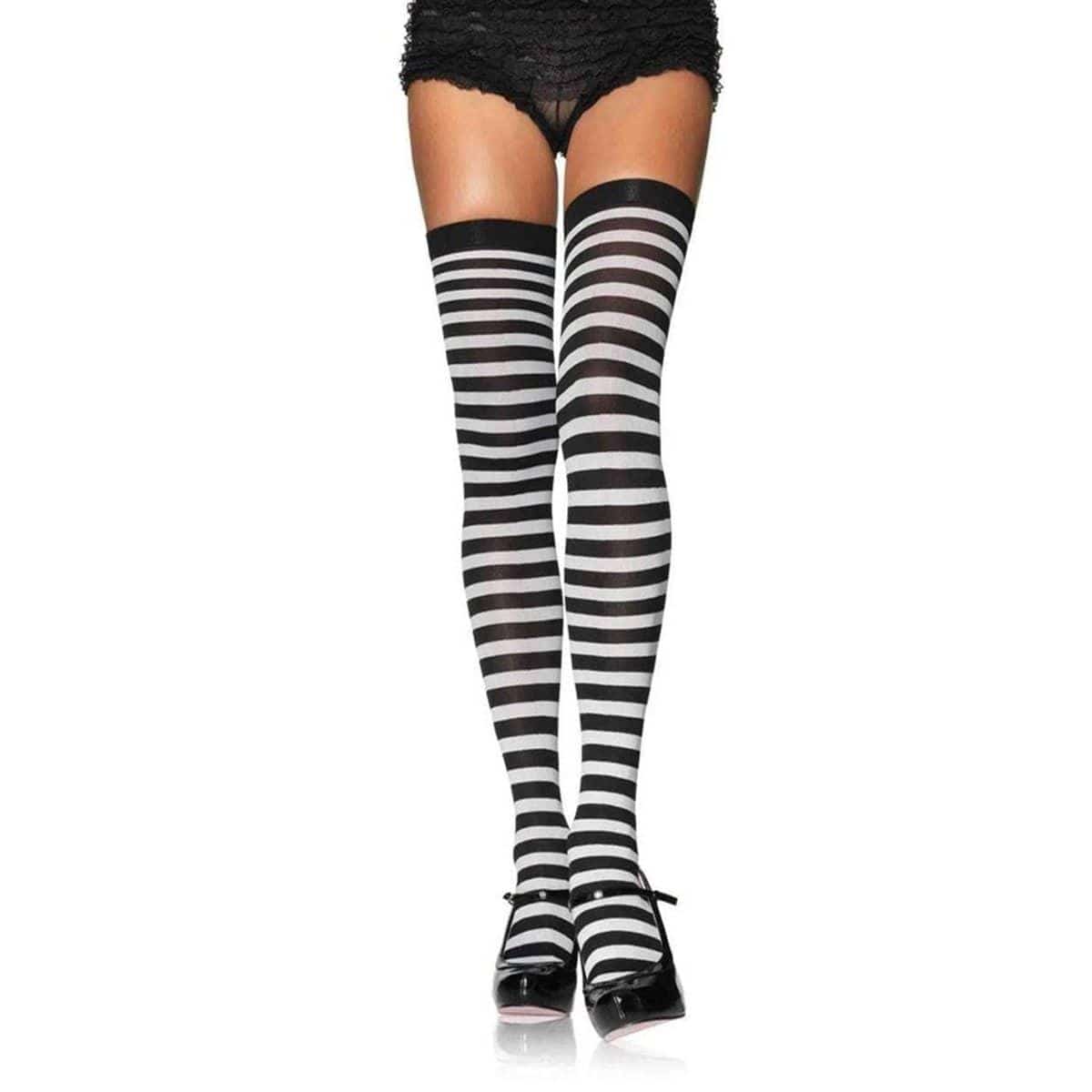 Black & white striped nylon thigh high socks for women