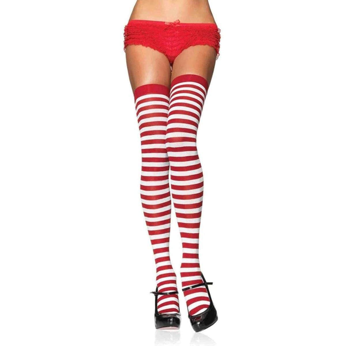 White & red striped nylon thigh high socks for women