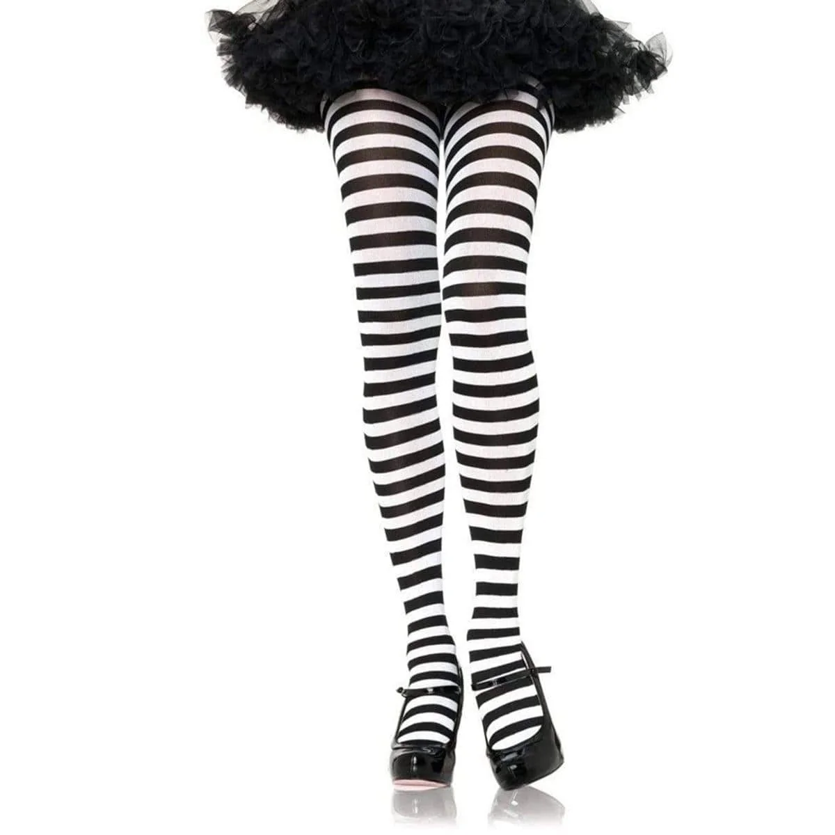 Black & white striped nylon tights for women