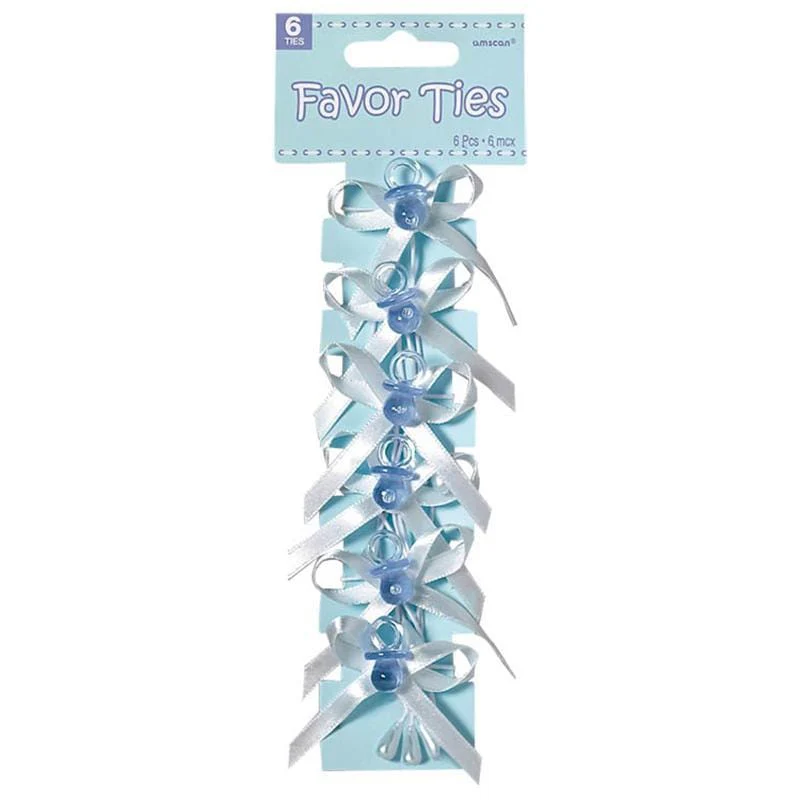 Blue pacifier with ribbon ties, 6 per package