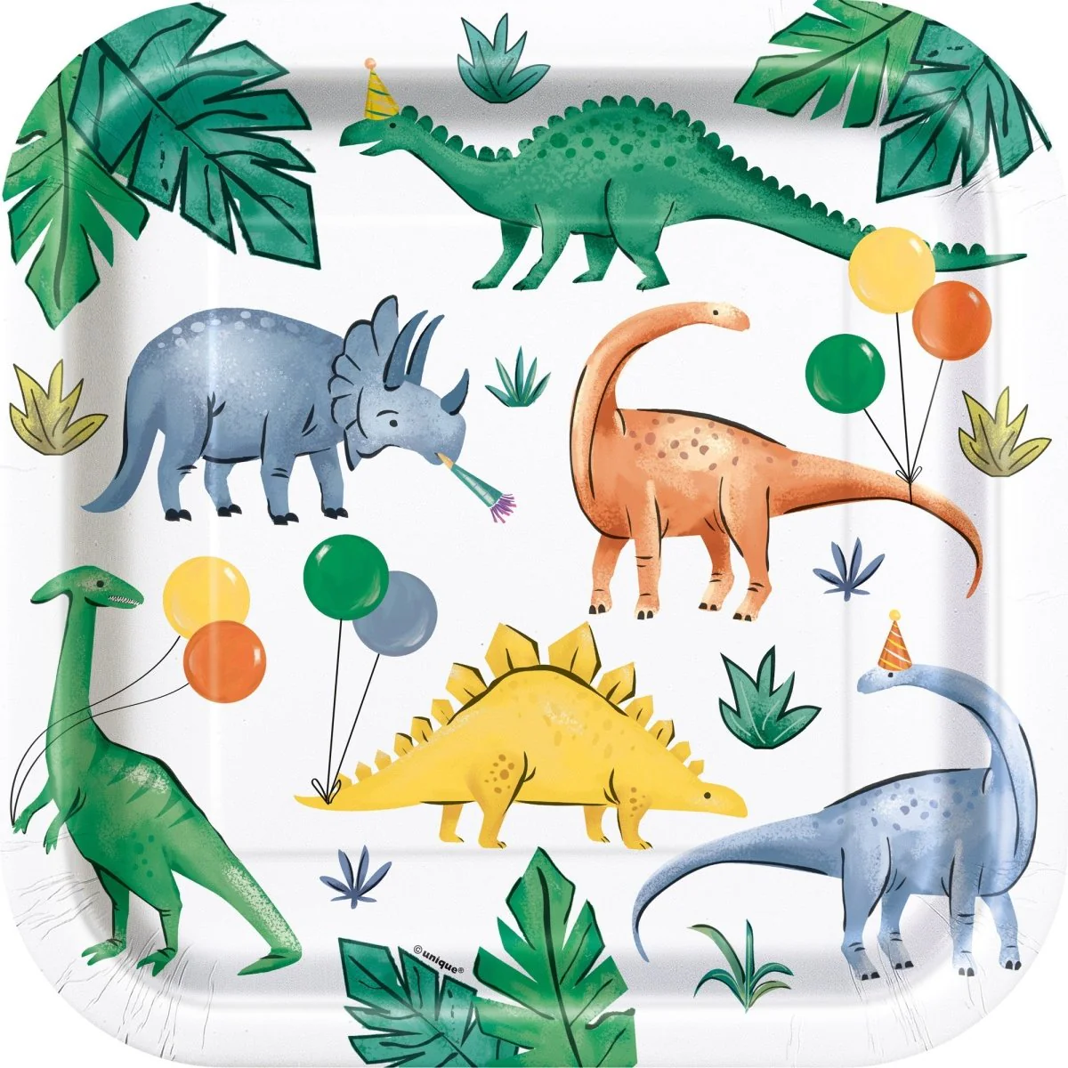 Partying Dinosaurs Birthday Large Square Lunch Paper Plates, 9 Inches, 8 Count