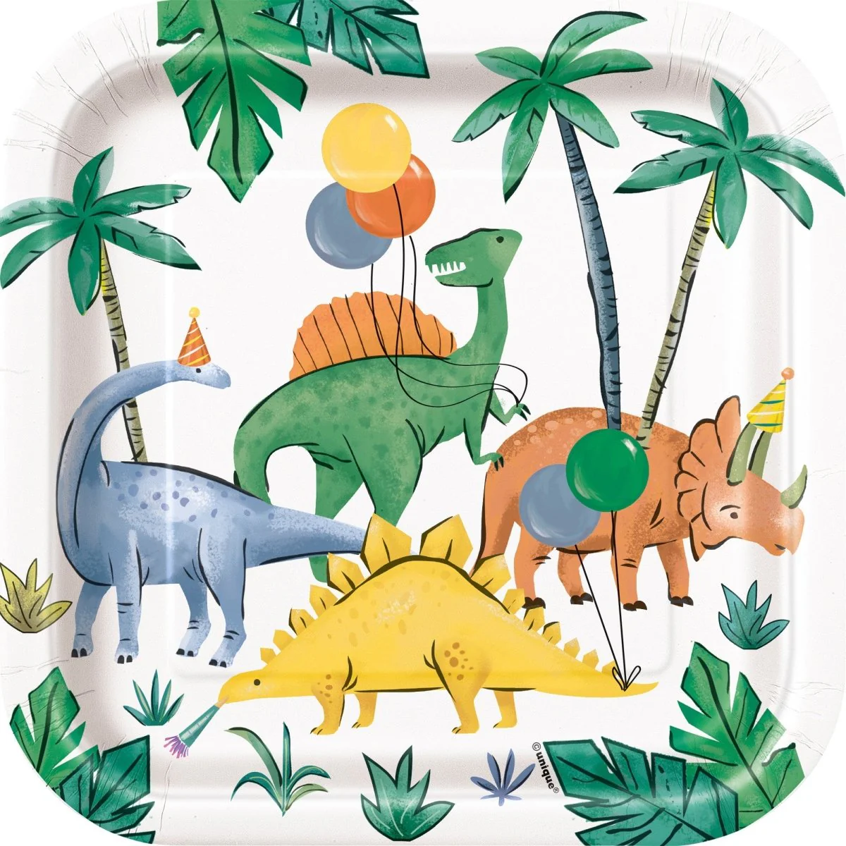 Partying Dinosaurs Birthday Small Square Dessert Paper Plates, 7 Inches, 8 Count