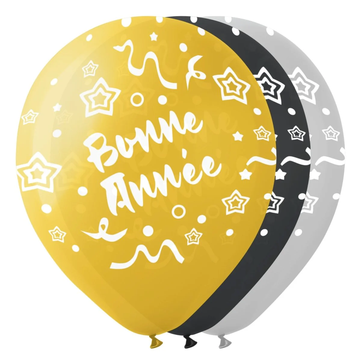 Pearl "Bonne Année" Latex Balloons, Gold, Silver and Black, 12 Inches, 15 Count