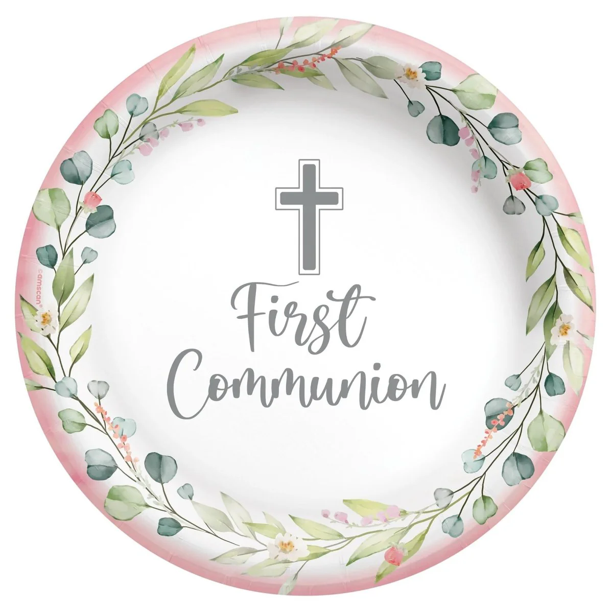 Pink Communion Large Round Lunch Paper Plates, 9 Inches, 20 Count