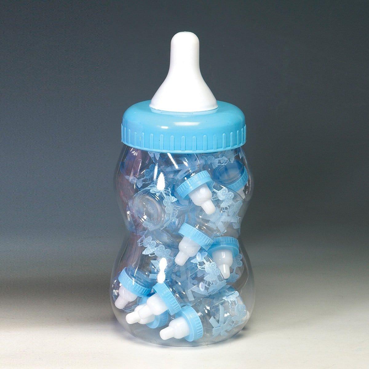 Blue plastic baby bottle with 16 mini bottles, 13 inches