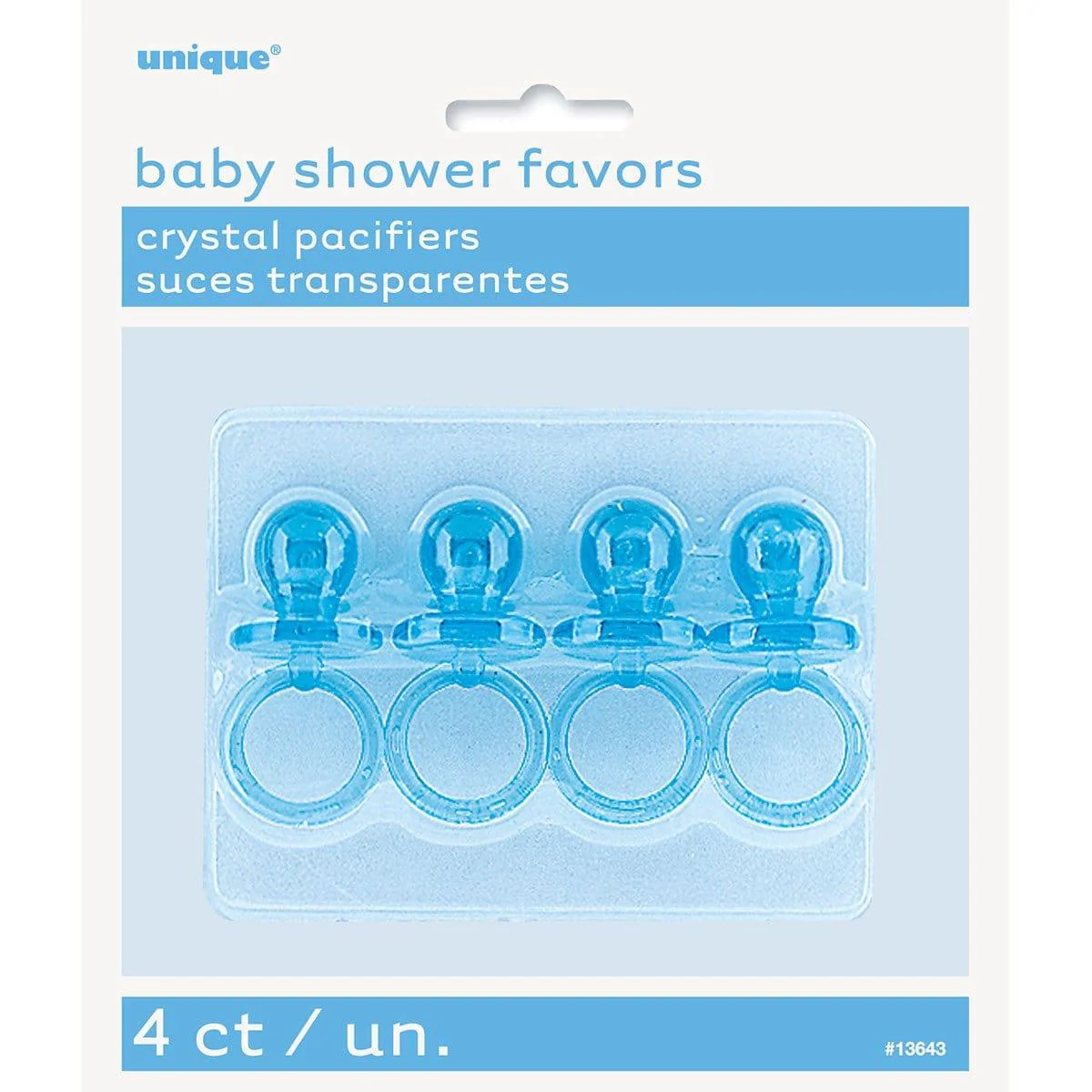 Blue plastic pacifiers, 4 per package