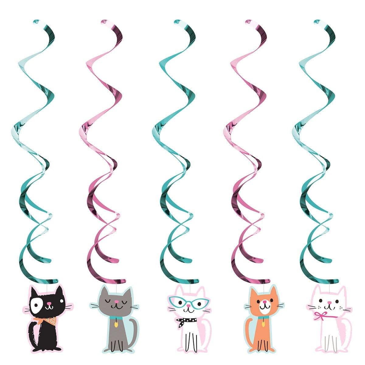 Purr-fect Party swirl decorations, 5 per package