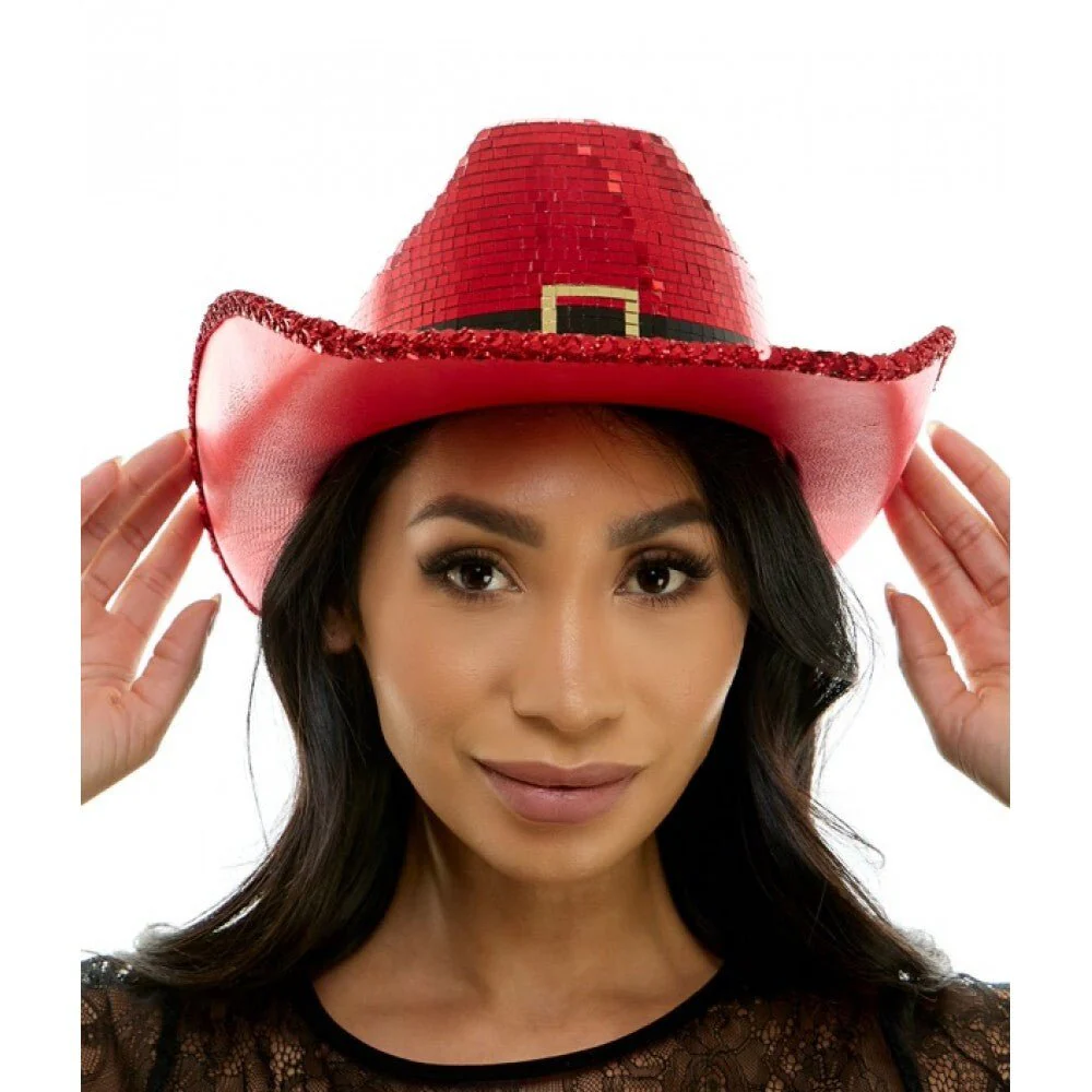 Red Mirror Santa Cowboy Hat for Adults - Image 2