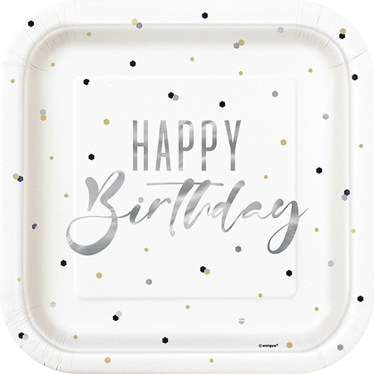 Silver and Gold Happy Birthday Large Square Lunch Paper Plates, 9 Inches, 8 Count