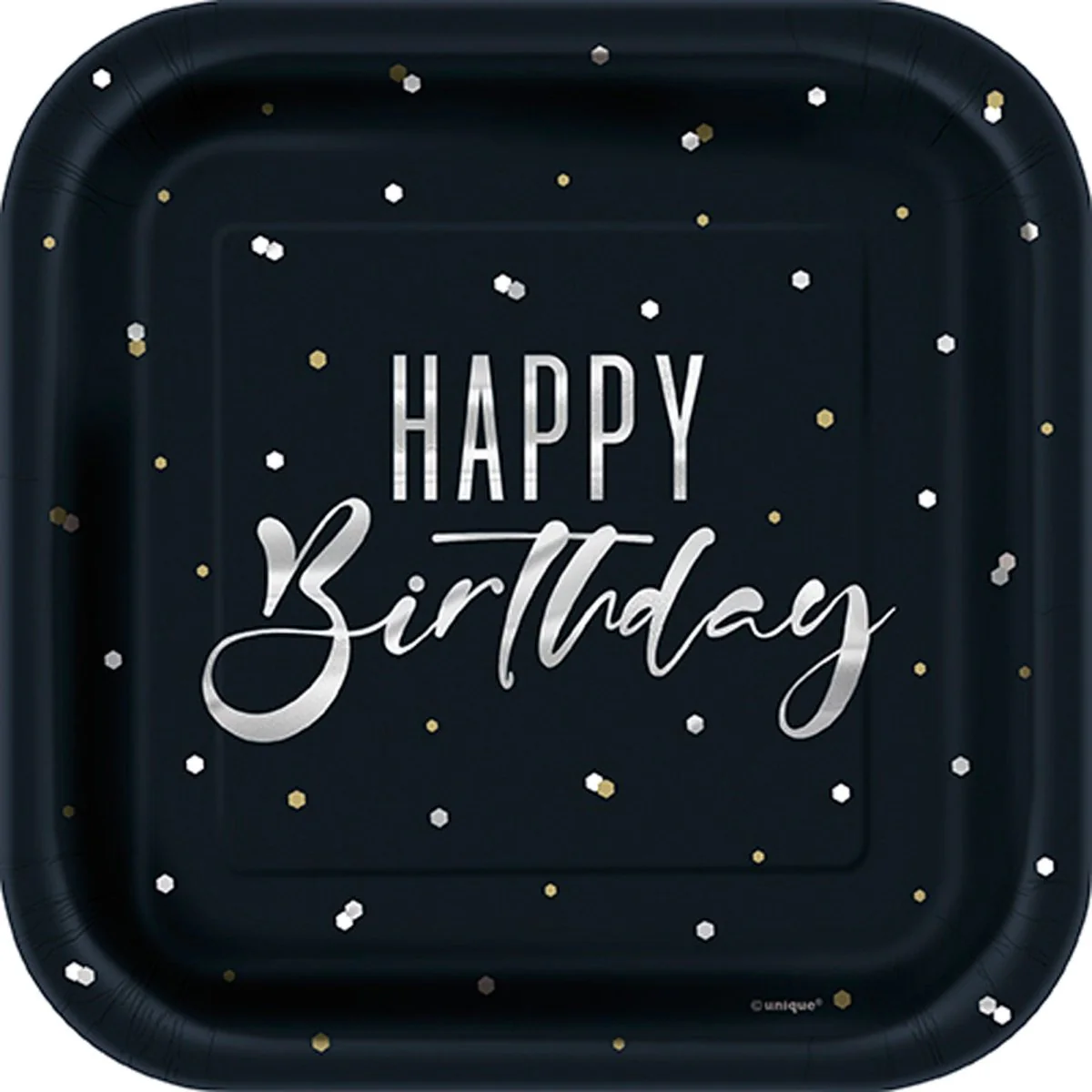 Silver and Gold Happy Birthday Small Square Dessert Paper Plates, 7 Inches, 8 Count