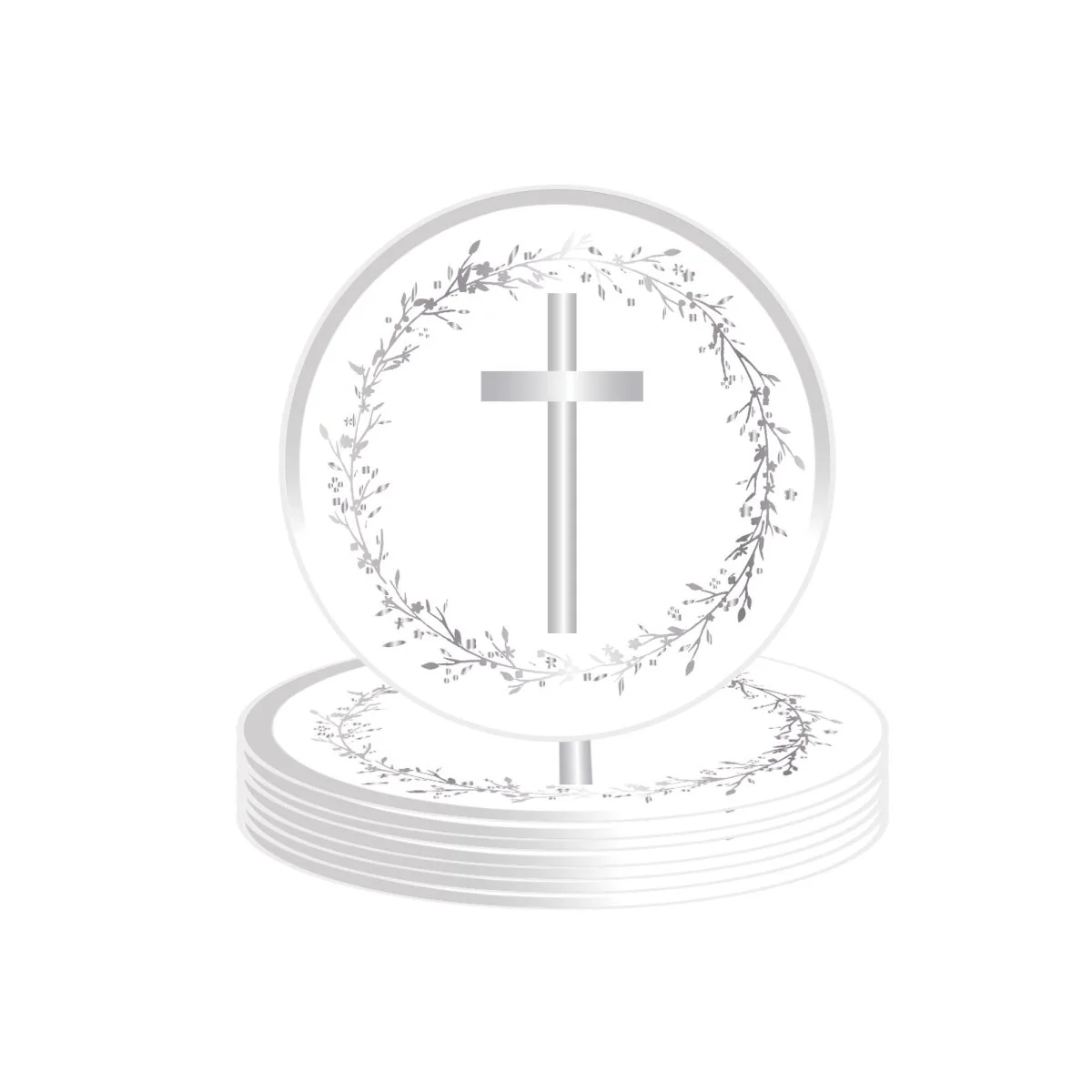 Silver Heavenly Cross Small Round Dessert Paper Plates, 7 Inches, 8 Count - Image 2