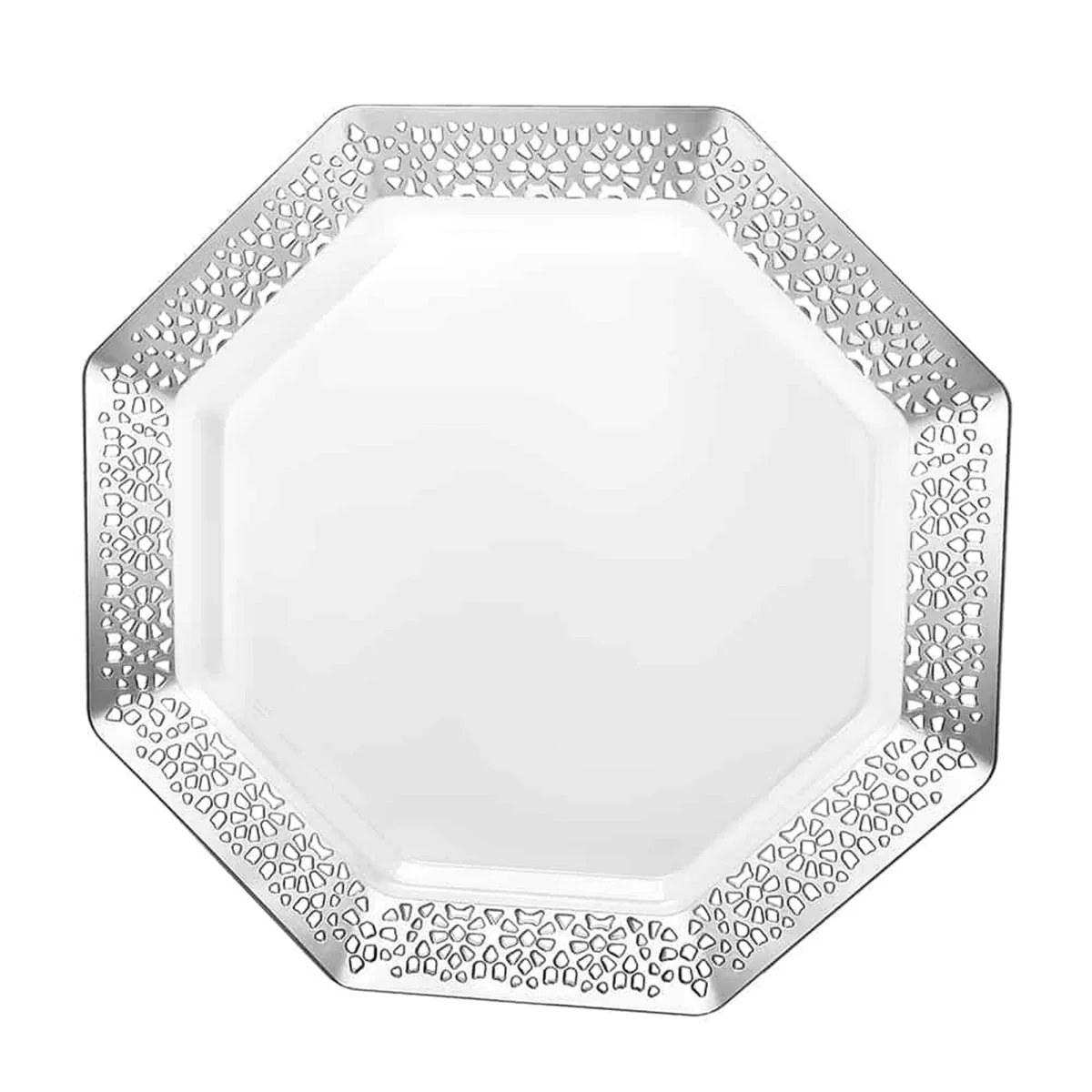 Silver Large Octagon Shaped Lunch Plastic Plates, 9 Inches, 10 Count