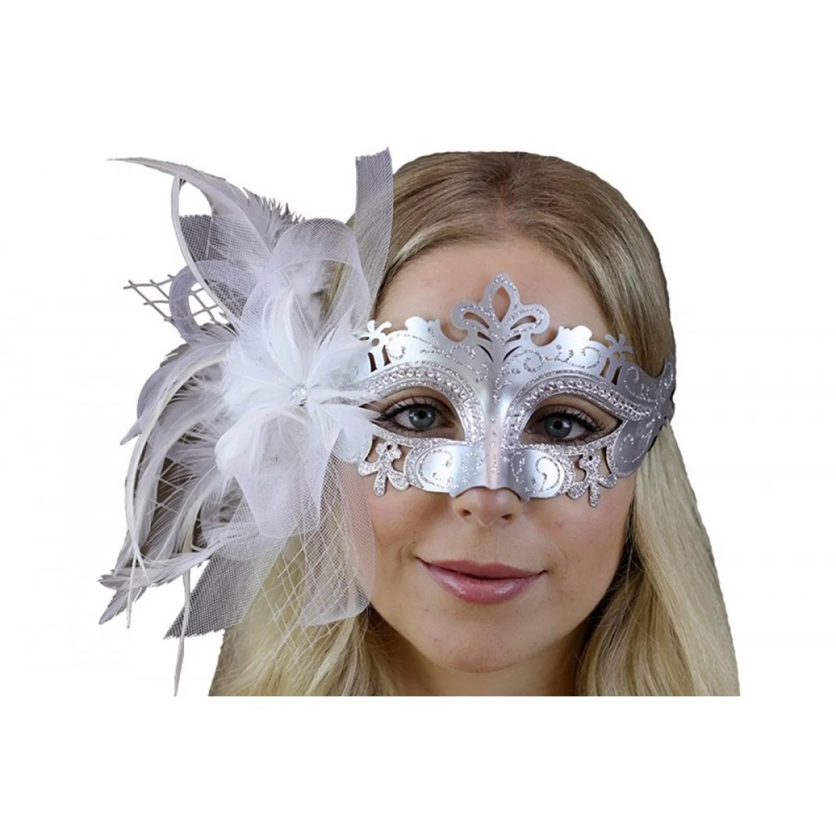 Silver Venetian Mask with Side Feathers, 1 Count