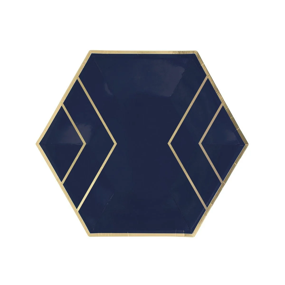 Small Hexagon Shaped Dessert Paper Plates, Navy Blue and Gold, 7 Inches, 8 Count