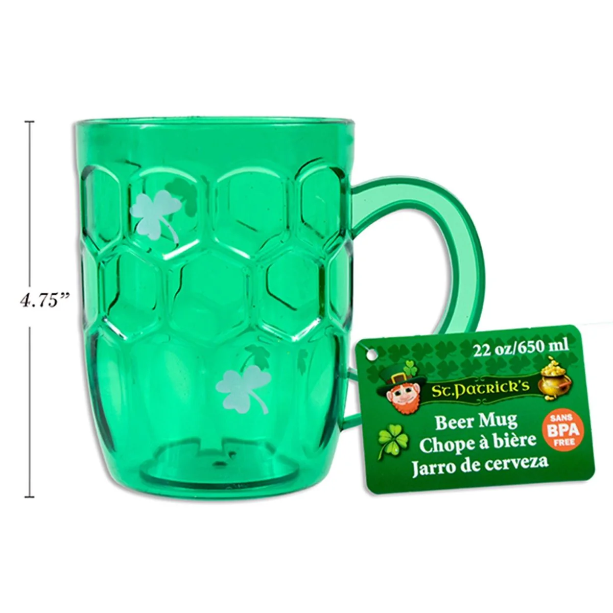 St-Patrick's Day Green Plastic Beer Mug, 22 Oz, 1 Count
