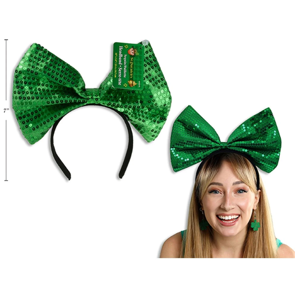 St-Patrick's Green Sequin Bow Tie Headband, 1 Count