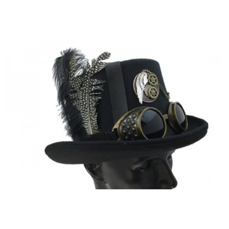 Black steampunk hat with feather for adults