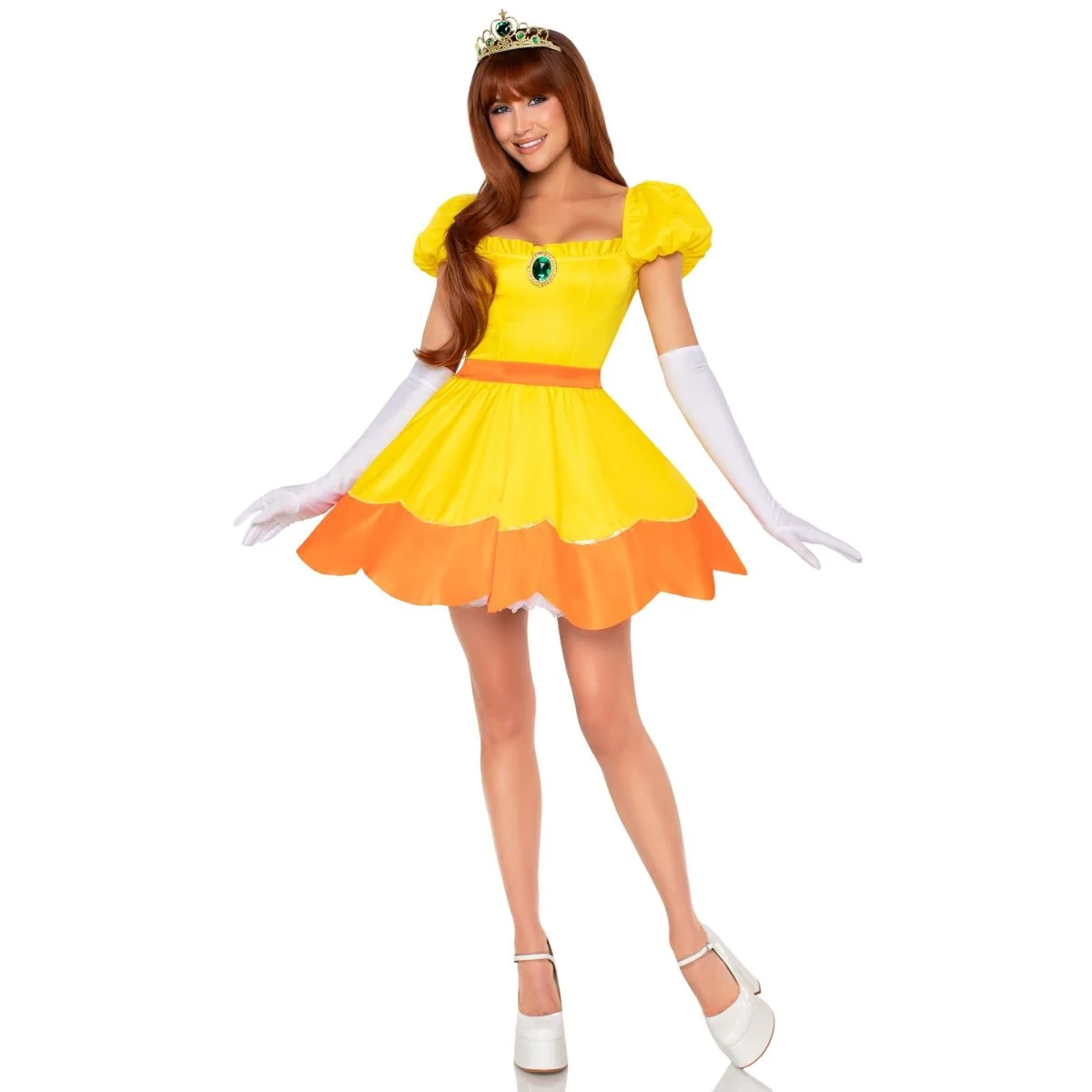 Sunflower Princess Costume for Adults, Yellow Dress with Gloves and Crown - Image 2