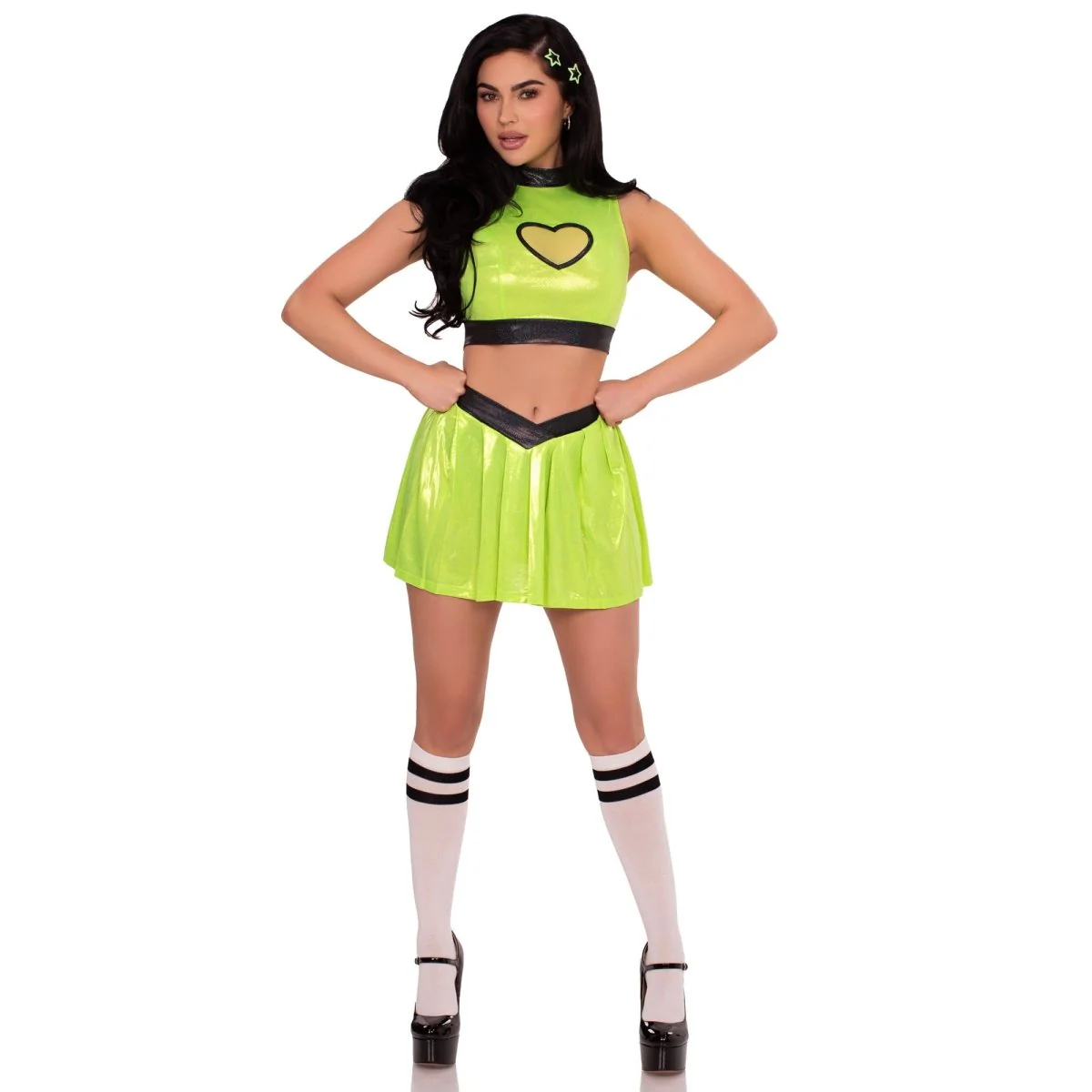 Super Baddie Costume for Adults, Green Top, Skirt and Hair Clips