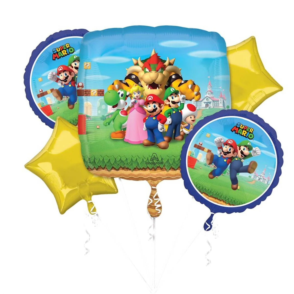 Super Mario Bros Foil Balloon Bouquet, Helium Inflation not Included, 5 Count