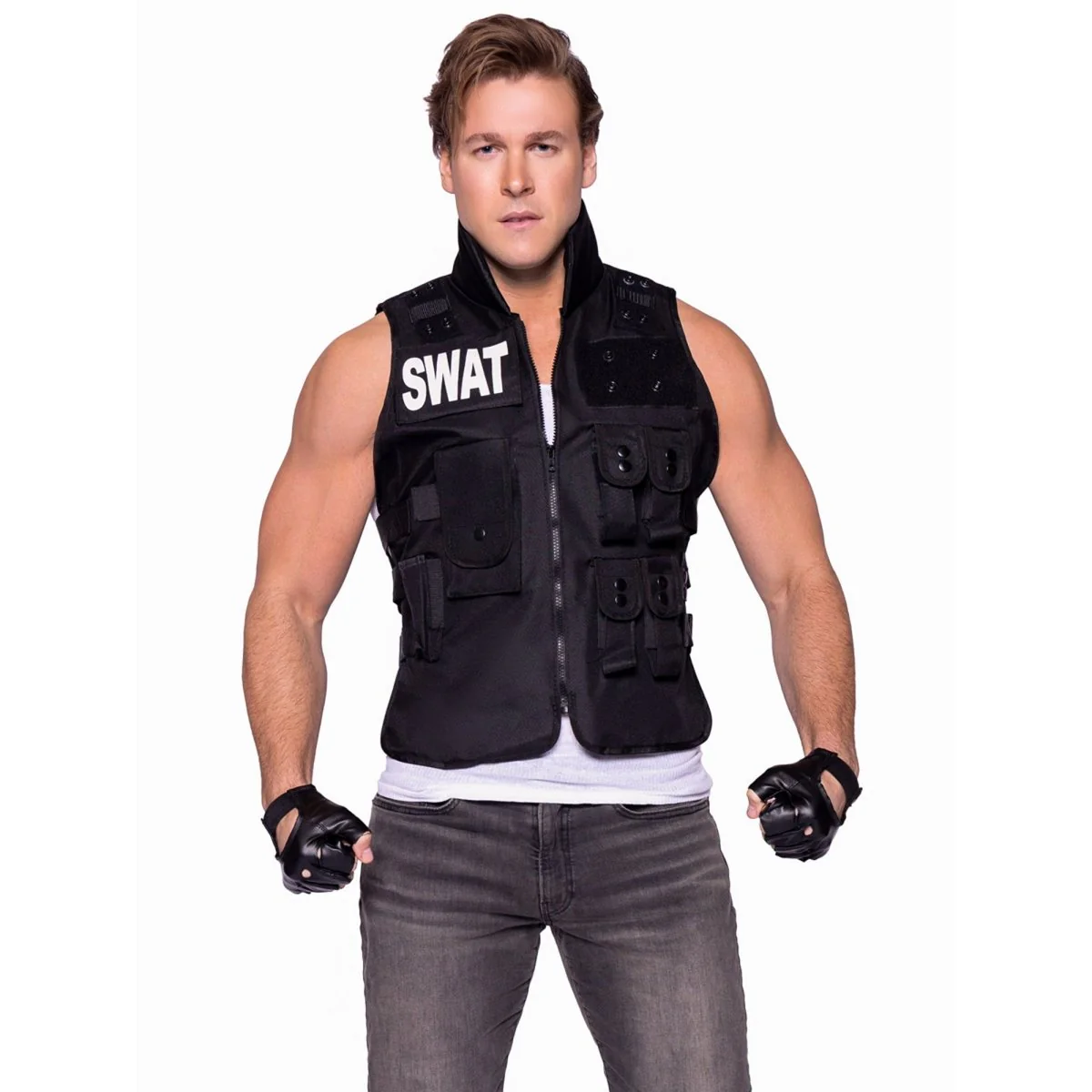 SWAT Costume for Adults, Black Vest with Gloves - Image 2