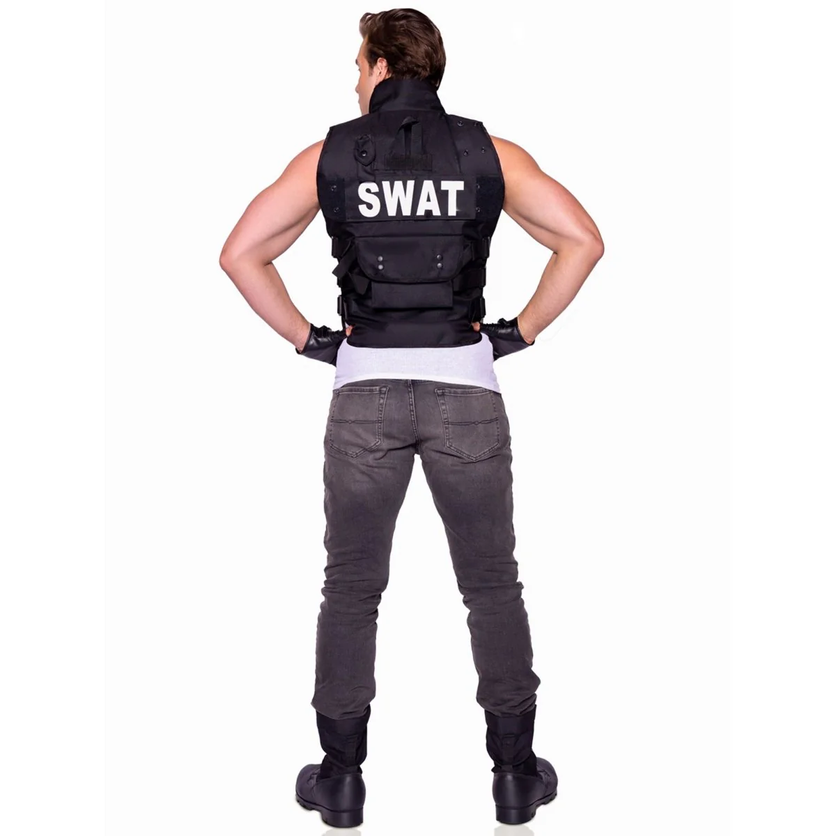 SWAT Costume for Adults, Black Vest with Gloves - Image 3