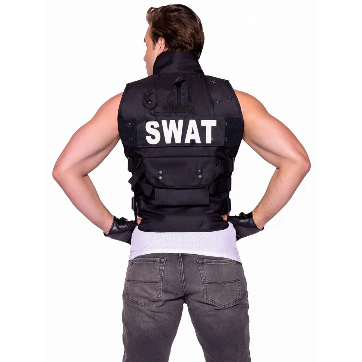 SWAT Costume for Adults, Black Vest with Gloves - Image 4