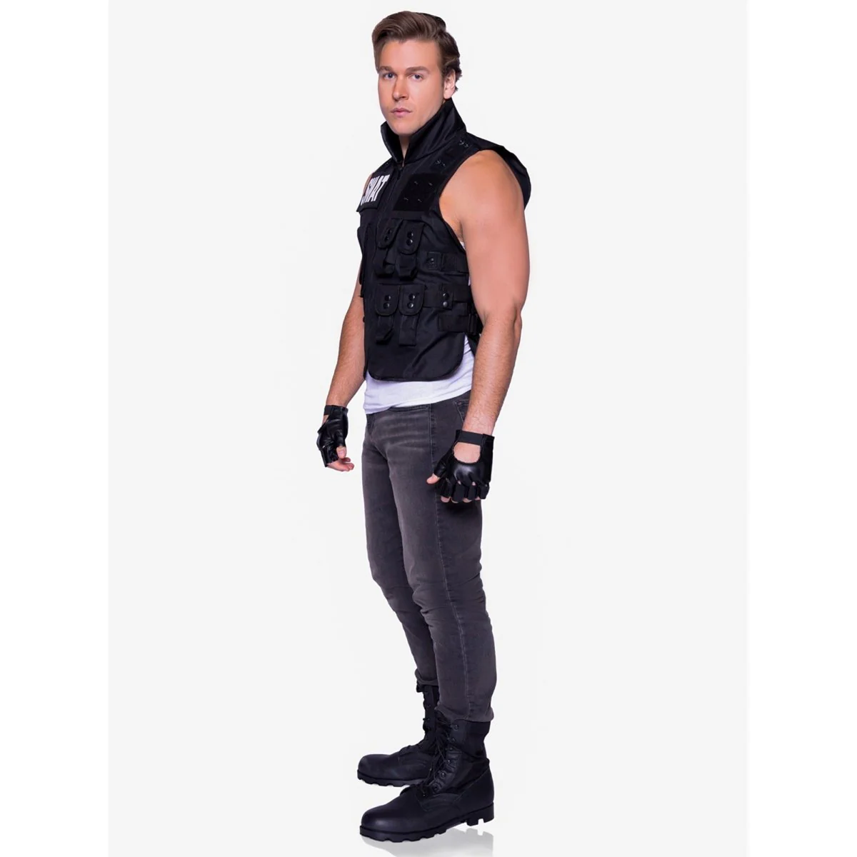 SWAT Costume for Adults, Black Vest with Gloves - Image 5