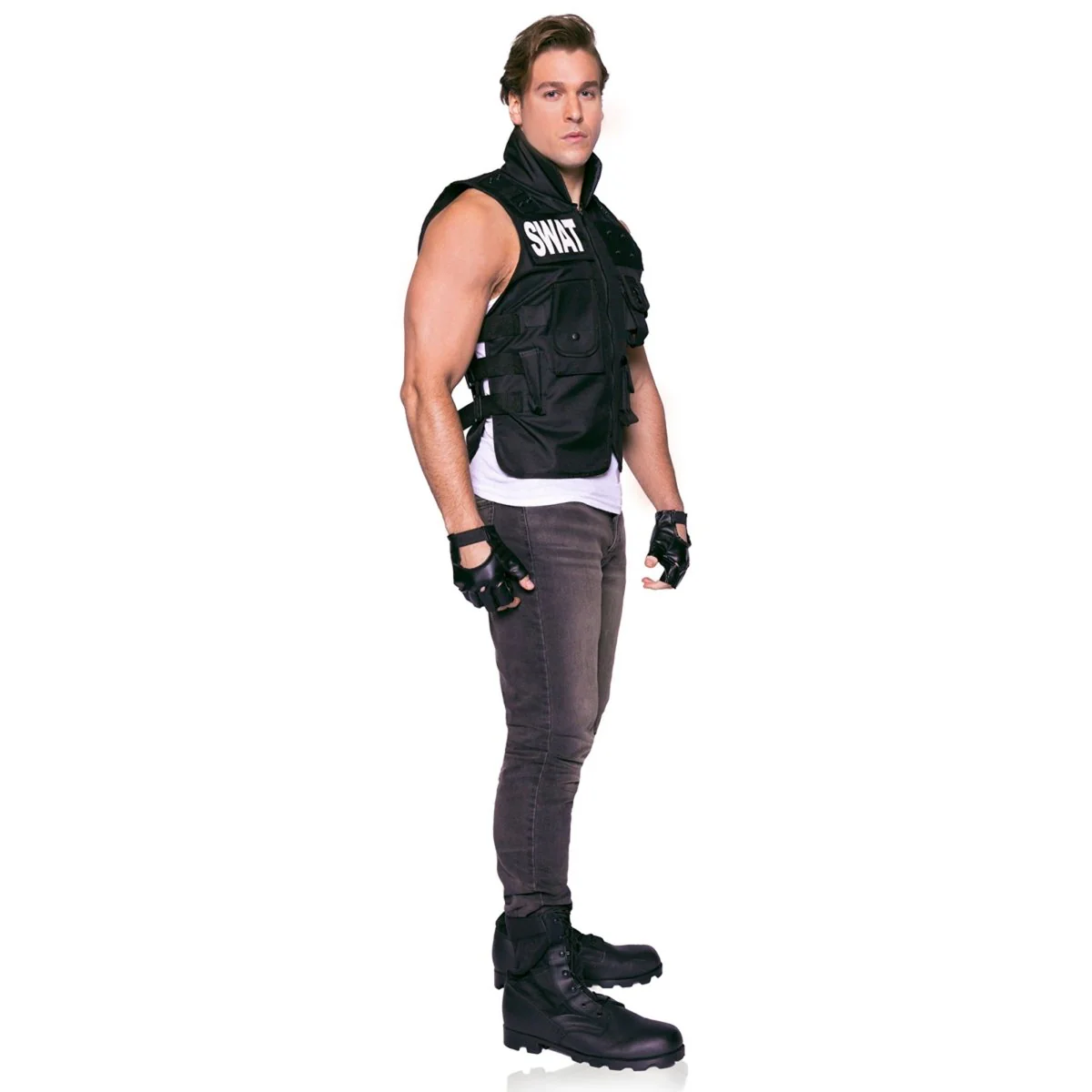 SWAT Costume for Adults, Black Vest with Gloves - Image 6