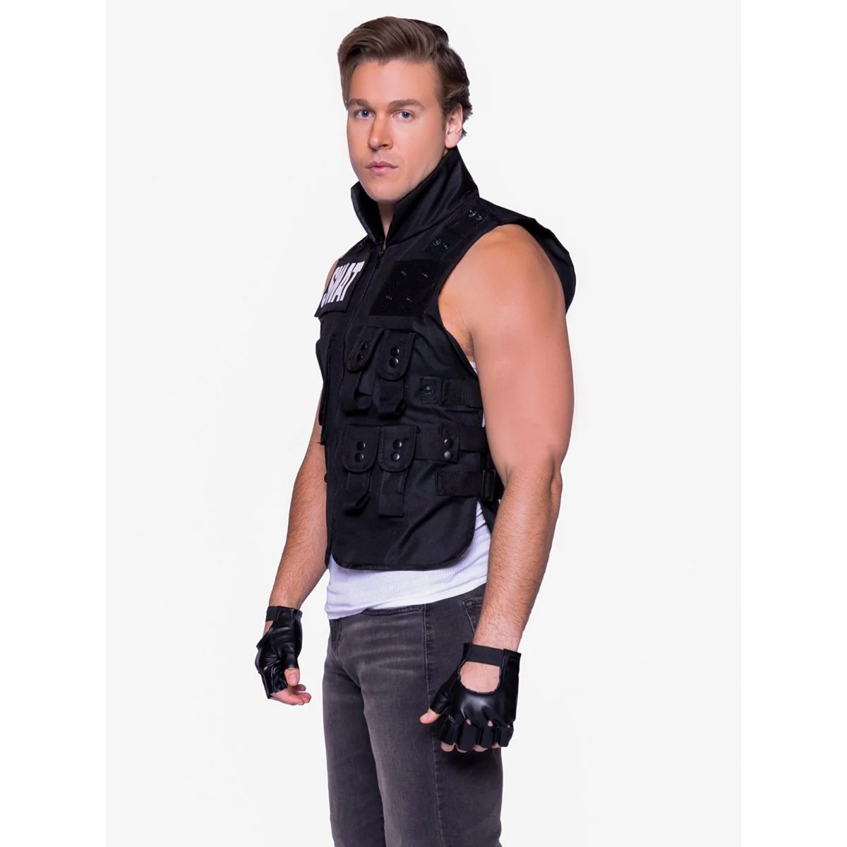 SWAT Costume for Adults, Black Vest with Gloves - Image 7