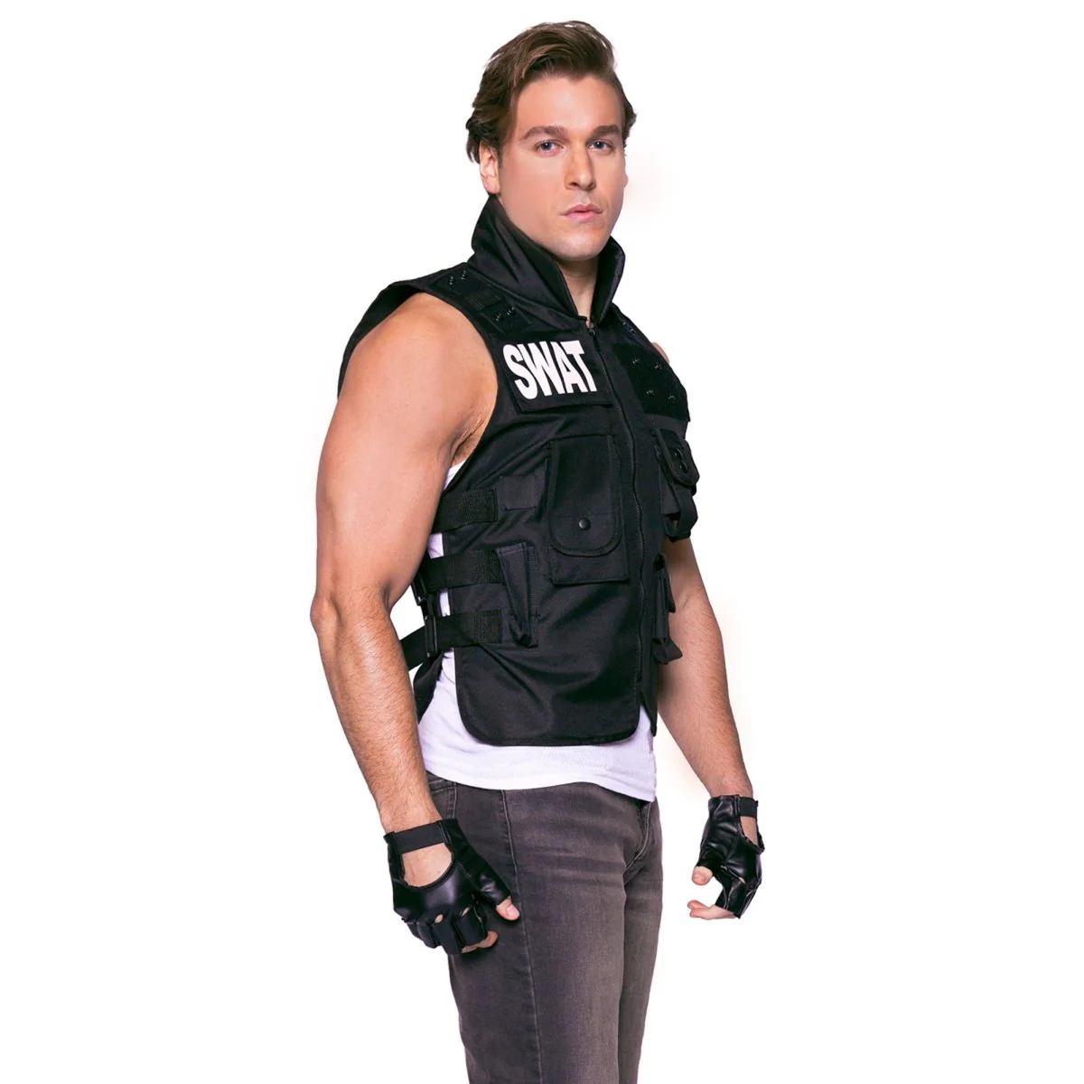 SWAT Costume for Adults, Black Vest with Gloves - Image 8