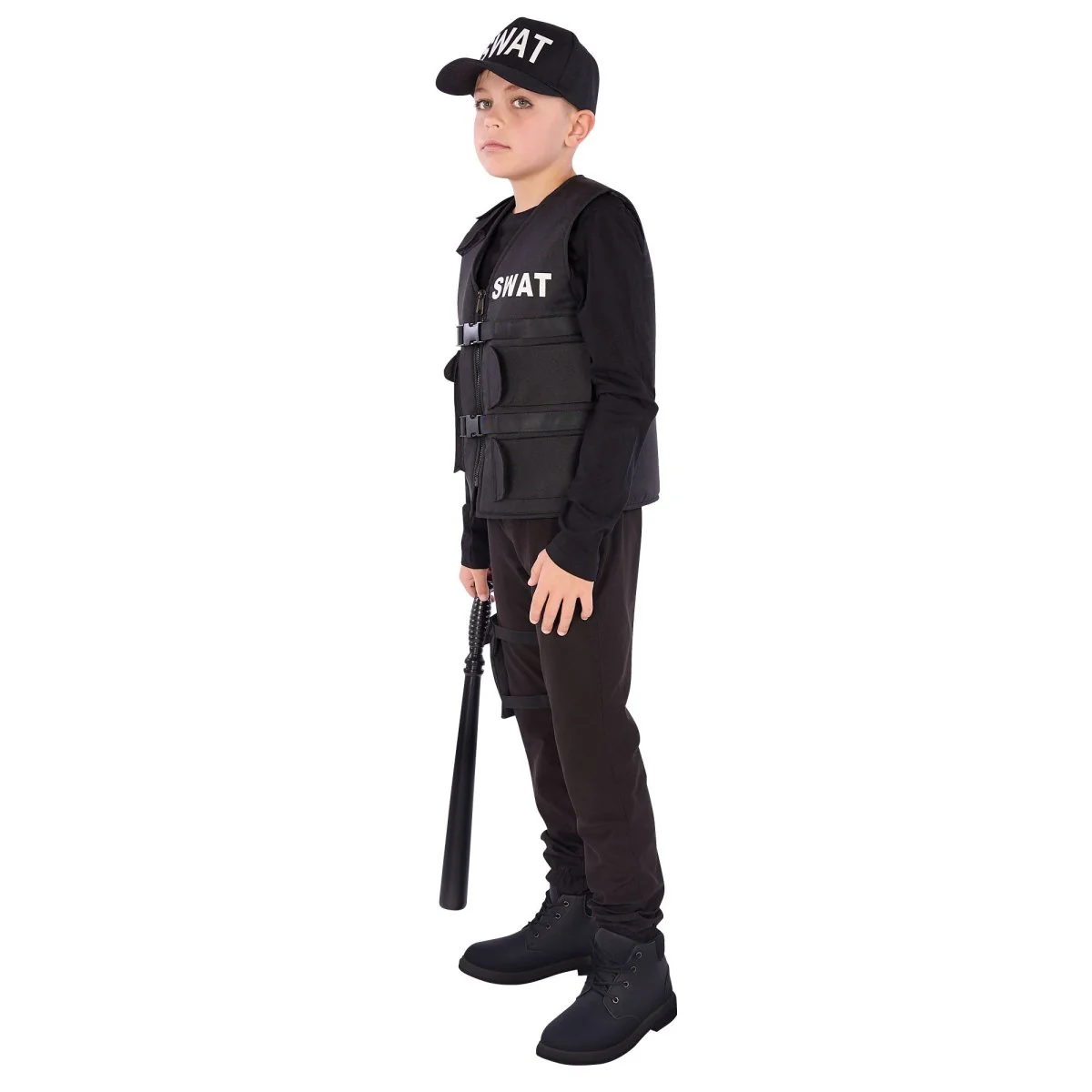 Swat Costume for Kids, Black Vest, Cap and Leg Pouch - Image 2